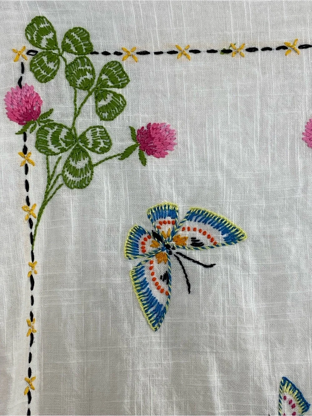 Vintage Embroidered Table Runner with Butterflies & Flowers